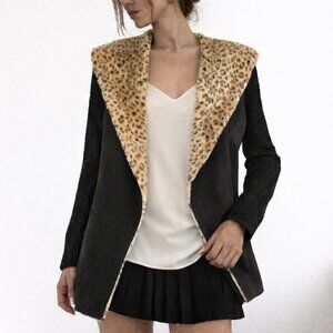 Impressions Retro Y2K Leopard Animal Collar Cardigan Sweater Black Indie Goth S